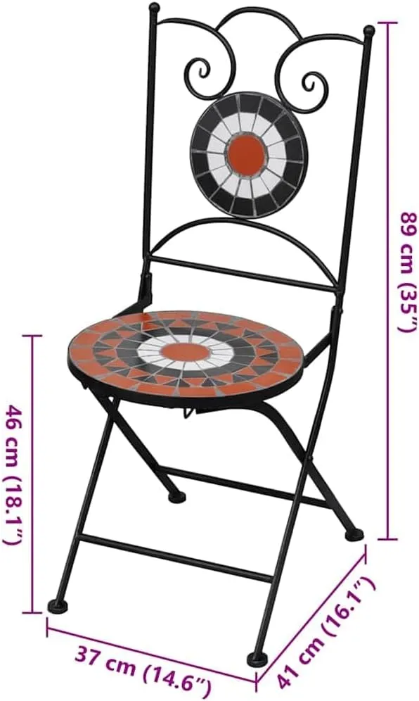 Folding Bistro Chairs 2 Pcs Ceramic Terracotta and White Seats Powder Coated Iron Frame Outdoor Patio Furniture for Garden Balcony Decor Durable and Easy to Clean