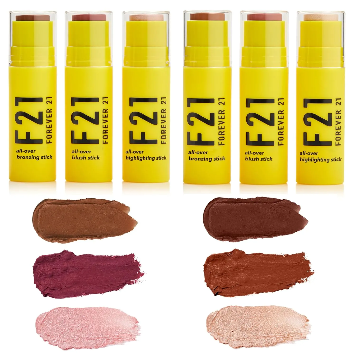 Forever 21 F21 Beauty All Over Sticks, 2 x Set of 3, Fawn, Petal, Moonstone, Mocha, Rose Glow, Rosebud, Multi-Use Makeup for Face, Cheeks, Contour, Sculp & Glow