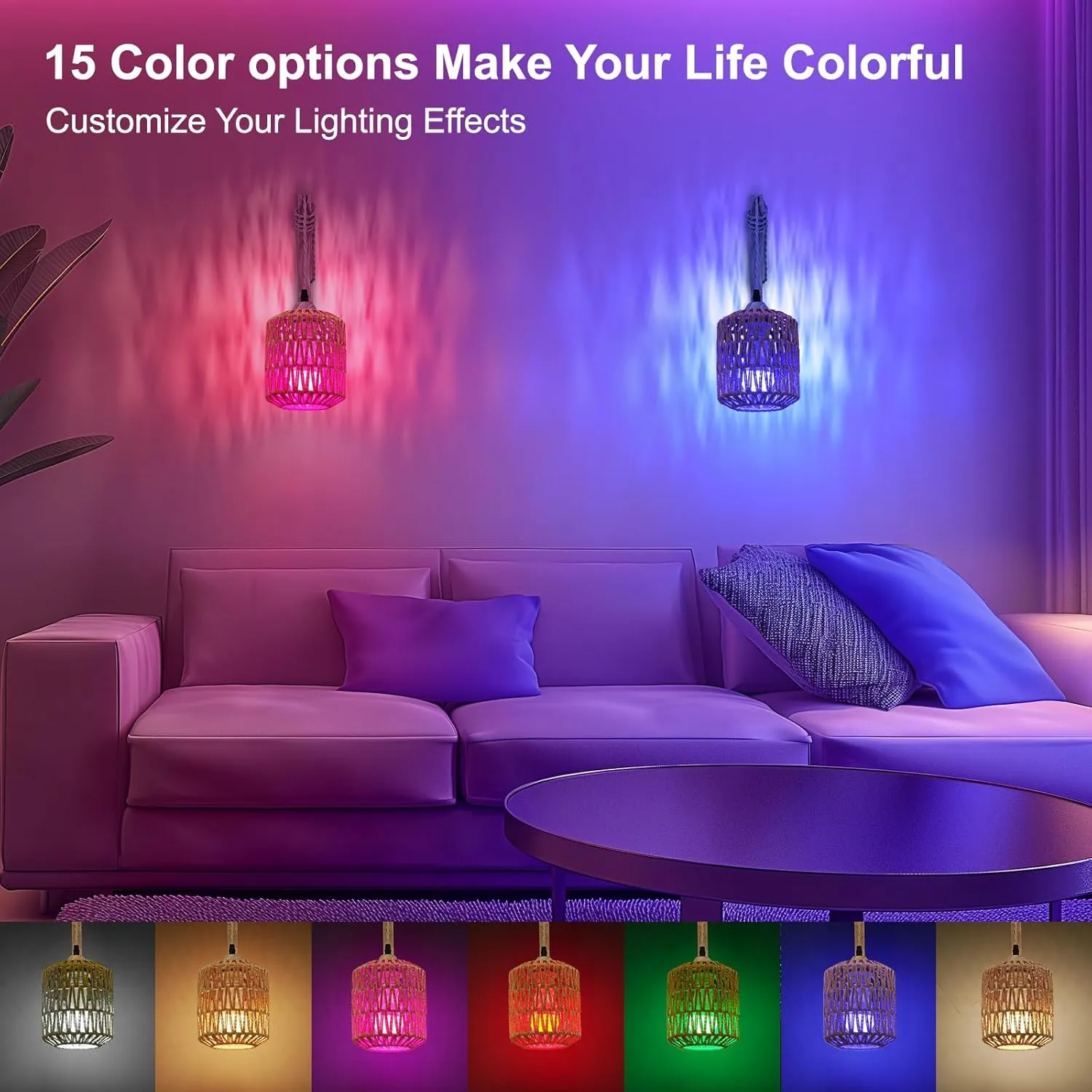 Frideko Boho Rechargeable Wall Sconces Set of Two with Remote, RGB 15 Colors Dimmable Battery Operated Wall Light, Indoor Wireless Wall Lamp with 3 Timer, Farmhouse Rattan Wall Lighting for Bedroom
