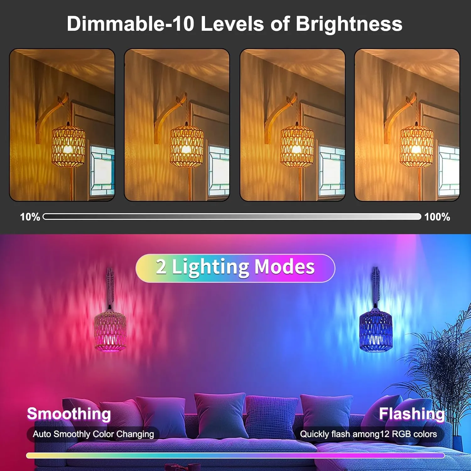 Frideko Boho Rechargeable Wall Sconces Set of Two with Remote, RGB 15 Colors Dimmable Battery Operated Wall Light, Indoor Wireless Wall Lamp with 3 Timer, Farmhouse Rattan Wall Lighting for Bedroom