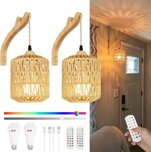 Frideko Boho Rechargeable Wall Sconces Set of Two with Remote, RGB 15 Colors Dimmable Battery Operated Wall Light, Indoor Wireless Wall Lamp with 3 Timer, Farmhouse Rattan Wall Lighting for Bedroom