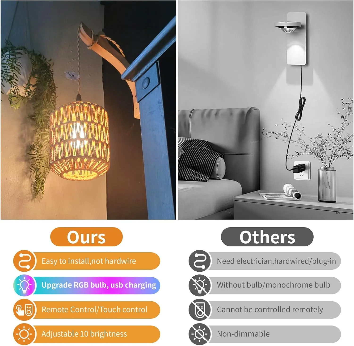 Frideko Boho Rechargeable Wall Sconces Set of Two with Remote, RGB 15 Colors Dimmable Battery Operated Wall Light, Indoor Wireless Wall Lamp with 3 Timer, Farmhouse Rattan Wall Lighting for Bedroom