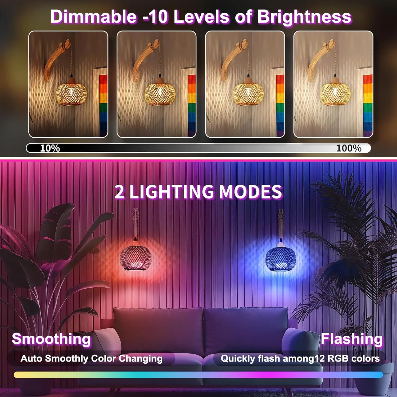 Frideko Rechargeable Battery Operated Wall Sconces Set of Two with Remote, RGB 15 Colors Dimmable Wireless Wall Light, Bamboo Indoor Wall Lamp with 3 Timer, Boho Rattan Wall Lighting for Bedroom
