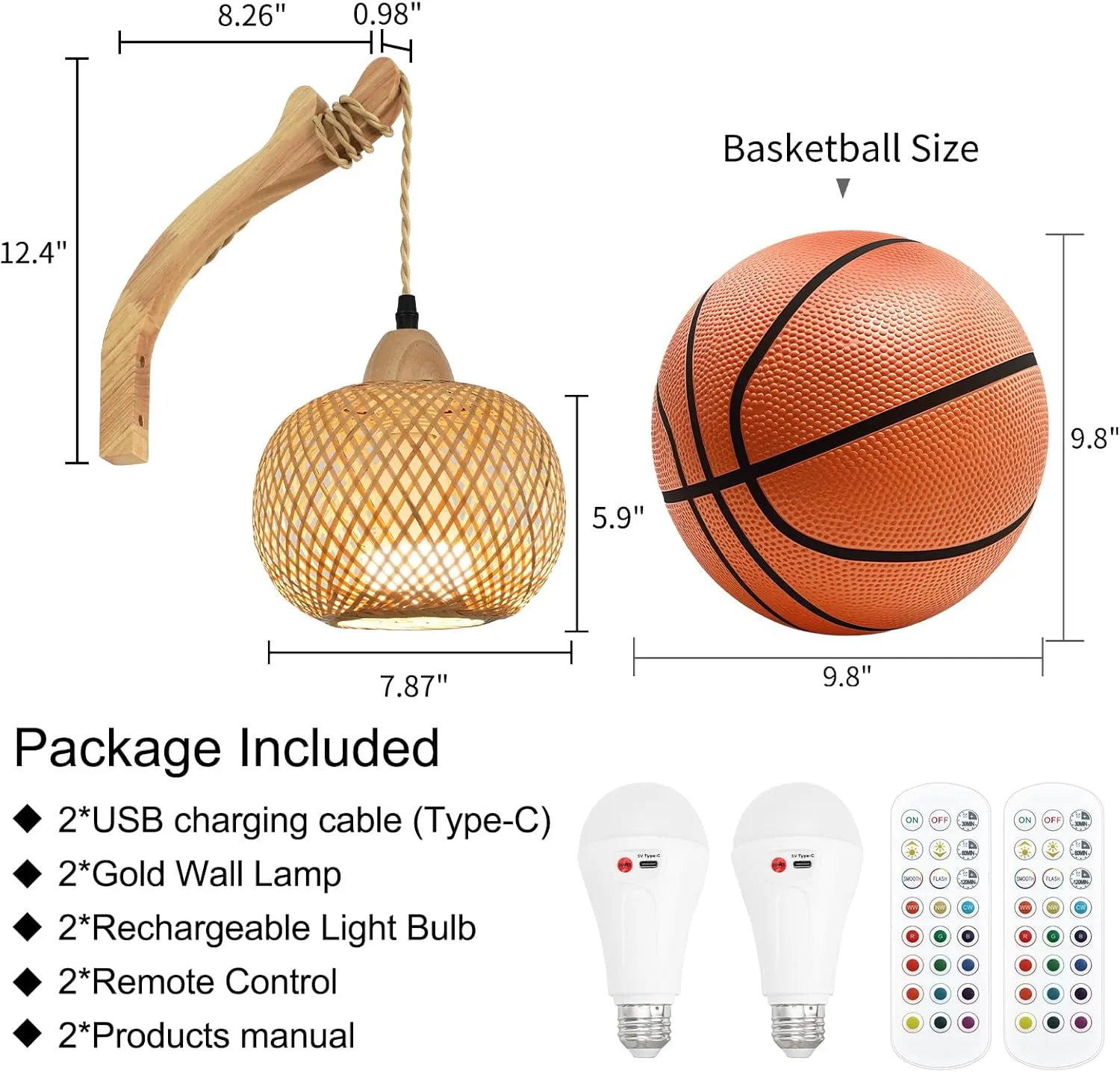 Frideko Rechargeable Battery Operated Wall Sconces Set of Two with Remote, RGB 15 Colors Dimmable Wireless Wall Light, Bamboo Indoor Wall Lamp with 3 Timer, Boho Rattan Wall Lighting for Bedroom