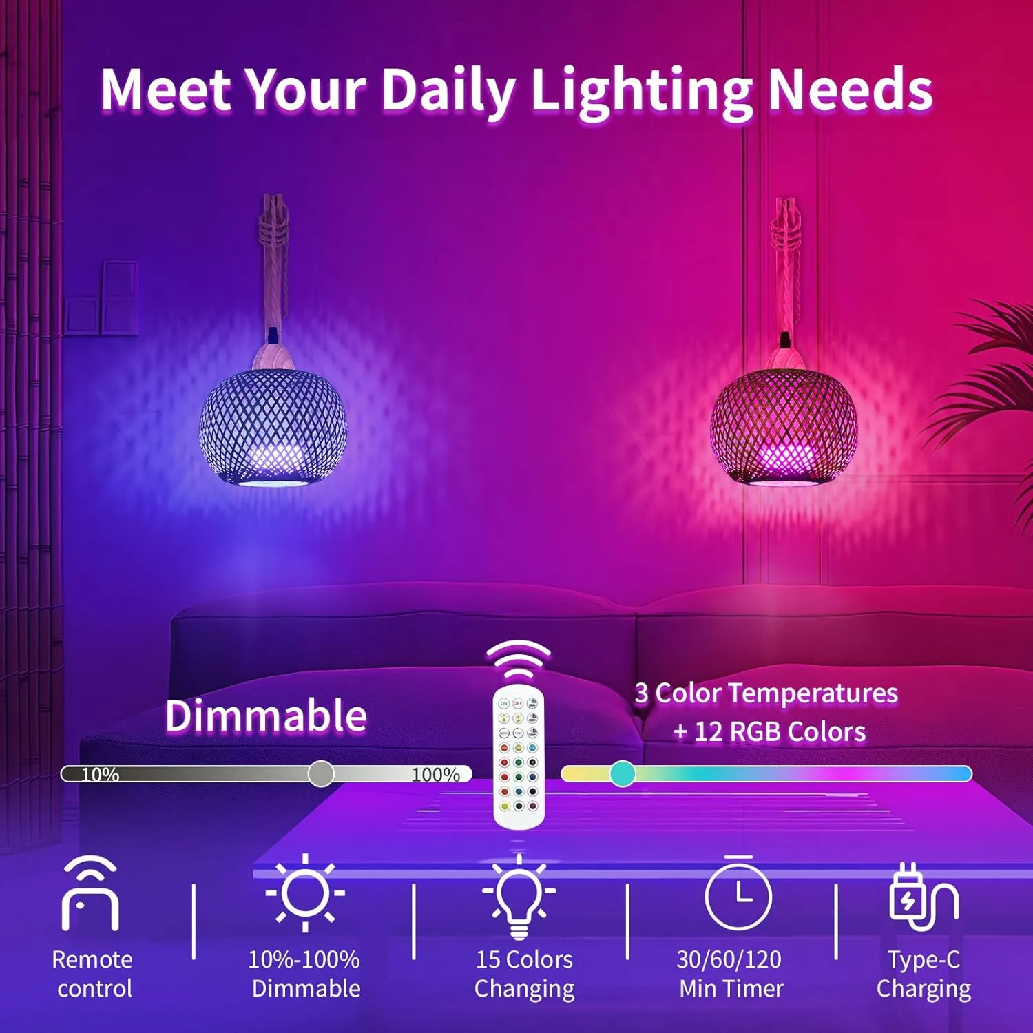 Frideko Rechargeable Battery Operated Wall Sconces Set of Two with Remote, RGB 15 Colors Dimmable Wireless Wall Light, Bamboo Indoor Wall Lamp with 3 Timer, Boho Rattan Wall Lighting for Bedroom