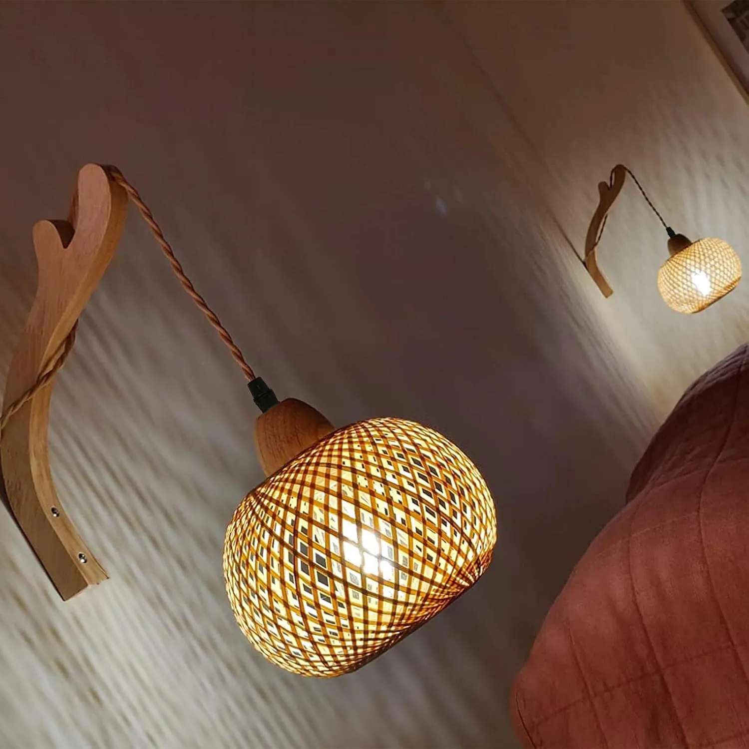 Frideko Rechargeable Battery Operated Wall Sconces Set of Two with Remote, RGB 15 Colors Dimmable Wireless Wall Light, Bamboo Indoor Wall Lamp with 3 Timer, Boho Rattan Wall Lighting for Bedroom