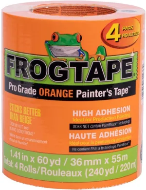 FrogTape ProGrade Orange Painters Tape, 1.5 Inch Wide (1.41 In. x 60 Yds), High Adhesion, Paint Tape for Indoor & Outdoor Applications, Orange, 4 Rolls (242808)