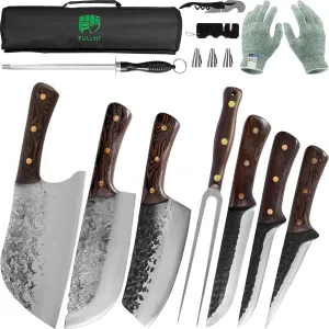 FULLHI 12pcs Chef/Butcher Fish Knife Set, High Carbon Steel Hand Forged Boning bbq Knife Set With Bag for Kitchen, Camping, BBQ