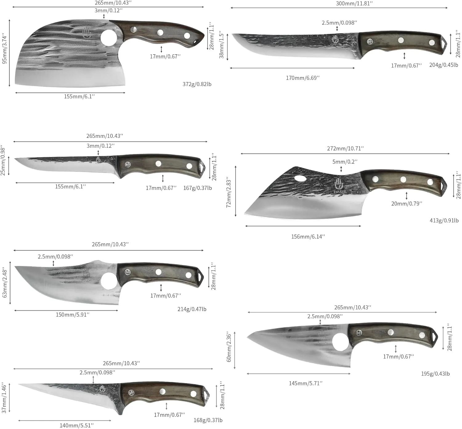 FULLHI 13pcs Butcher Chef Knife Set include sheath High Carbon Steel Cleaver Kitchen Knife Whole Tang Vegetable Cleaver Home BBQ Camping with Knife Bag