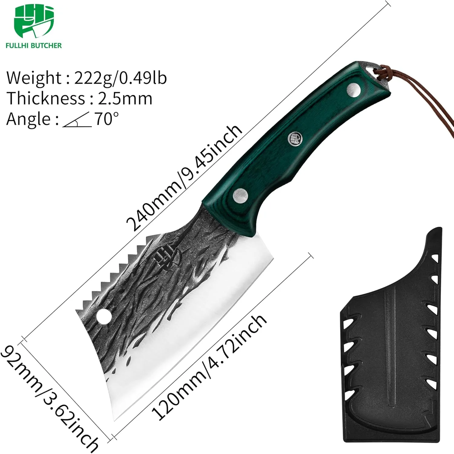 FULLHI Butcher Knife with Sheath, Fillet Knife Full Tang High Carbon Steel Kitchen Knife Wood Handle Outdoor Fish Knife for Cooking, Camping (Green)