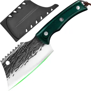 FULLHI Butcher Knife with Sheath, Fillet Knife Full Tang High Carbon Steel Kitchen Knife Wood Handle Outdoor Fish Knife for Cooking, Camping (Green)