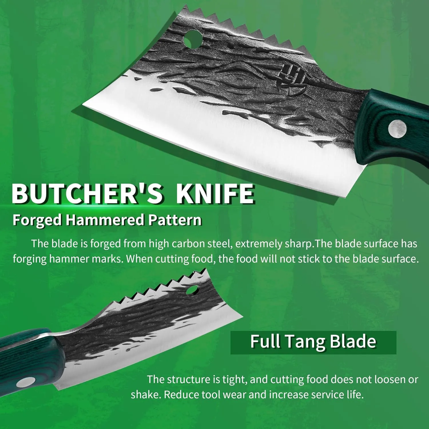 FULLHI Butcher Knife with Sheath, Fillet Knife Full Tang High Carbon Steel Kitchen Knife Wood Handle Outdoor Fish Knife for Cooking, Camping (Green)