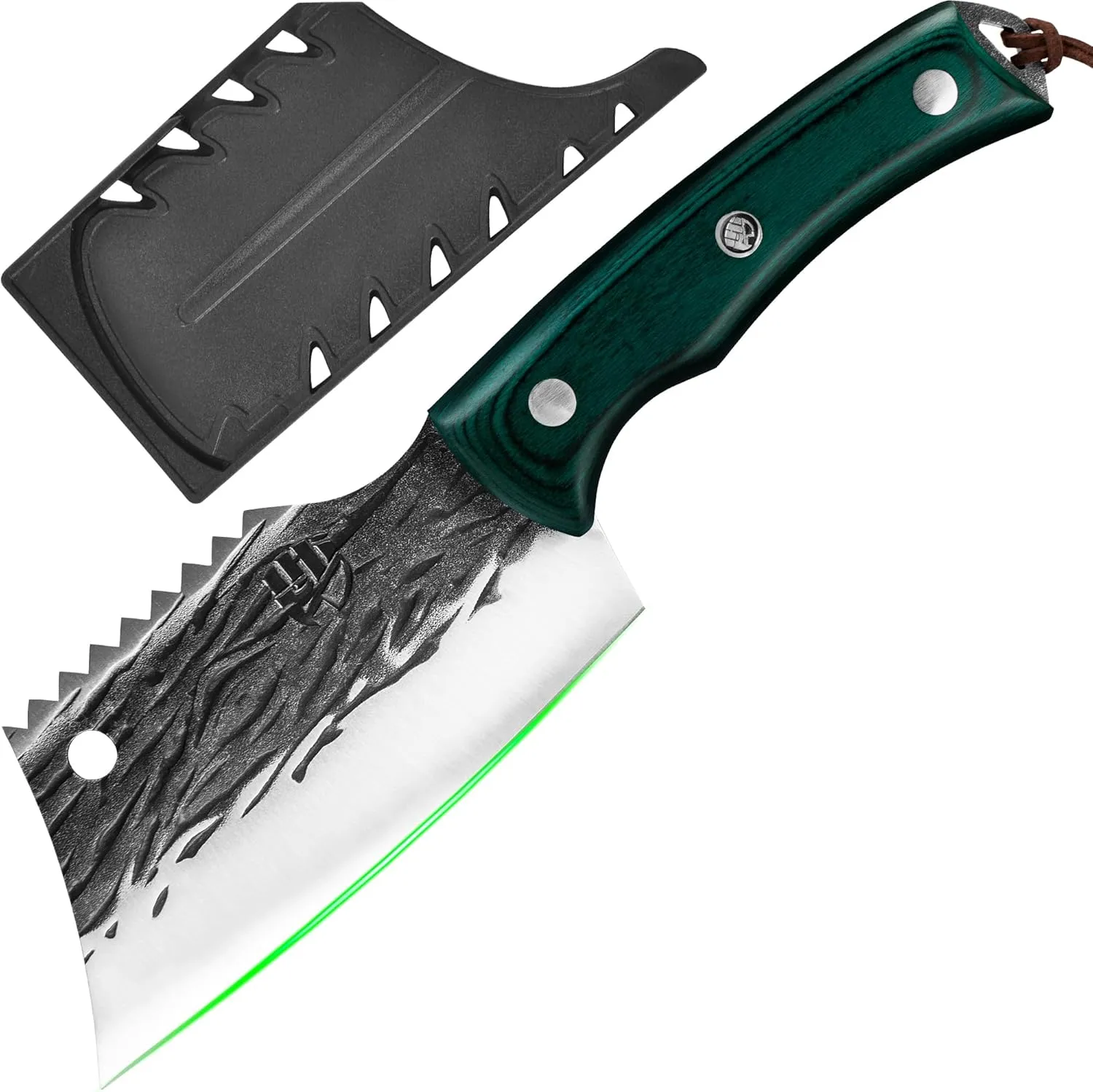 FULLHI Butcher Knife with Sheath, Fillet Knife Full Tang High Carbon Steel Kitchen Knife Wood Handle Outdoor Fish Knife for Cooking, Camping (Green)