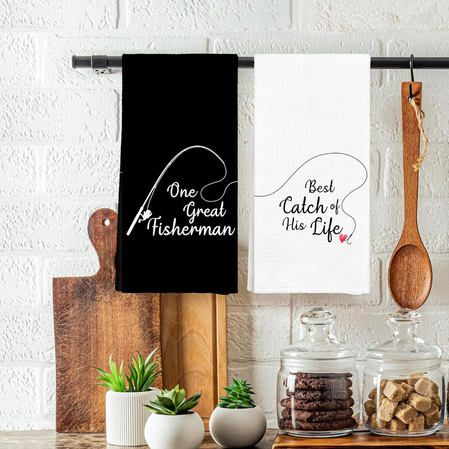 Funny Couple Fishing Valentines Kitchen Towels Set of 2, His And Hers Gifts Hand Towels for Couple Bathroom,One Great Fisherman Best Catch of His Life Decorative Dish Towels for Kitchen 16x24in