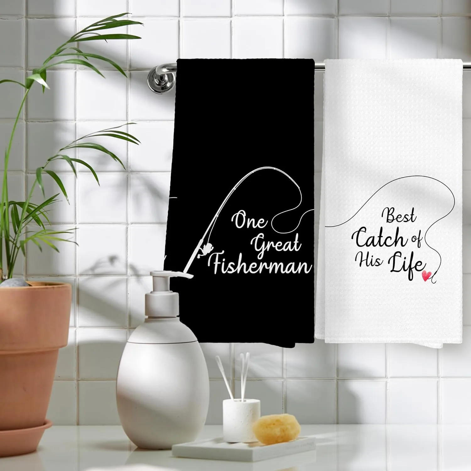 Funny Couple Fishing Valentines Kitchen Towels Set of 2, His And Hers Gifts Hand Towels for Couple Bathroom,One Great Fisherman Best Catch of His Life Decorative Dish Towels for Kitchen 16x24in