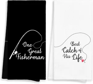 Funny Couple Fishing Valentines Kitchen Towels Set of 2, His And Hers Gifts Hand Towels for Couple Bathroom,One Great Fisherman Best Catch of His Life Decorative Dish Towels for Kitchen 16x24in