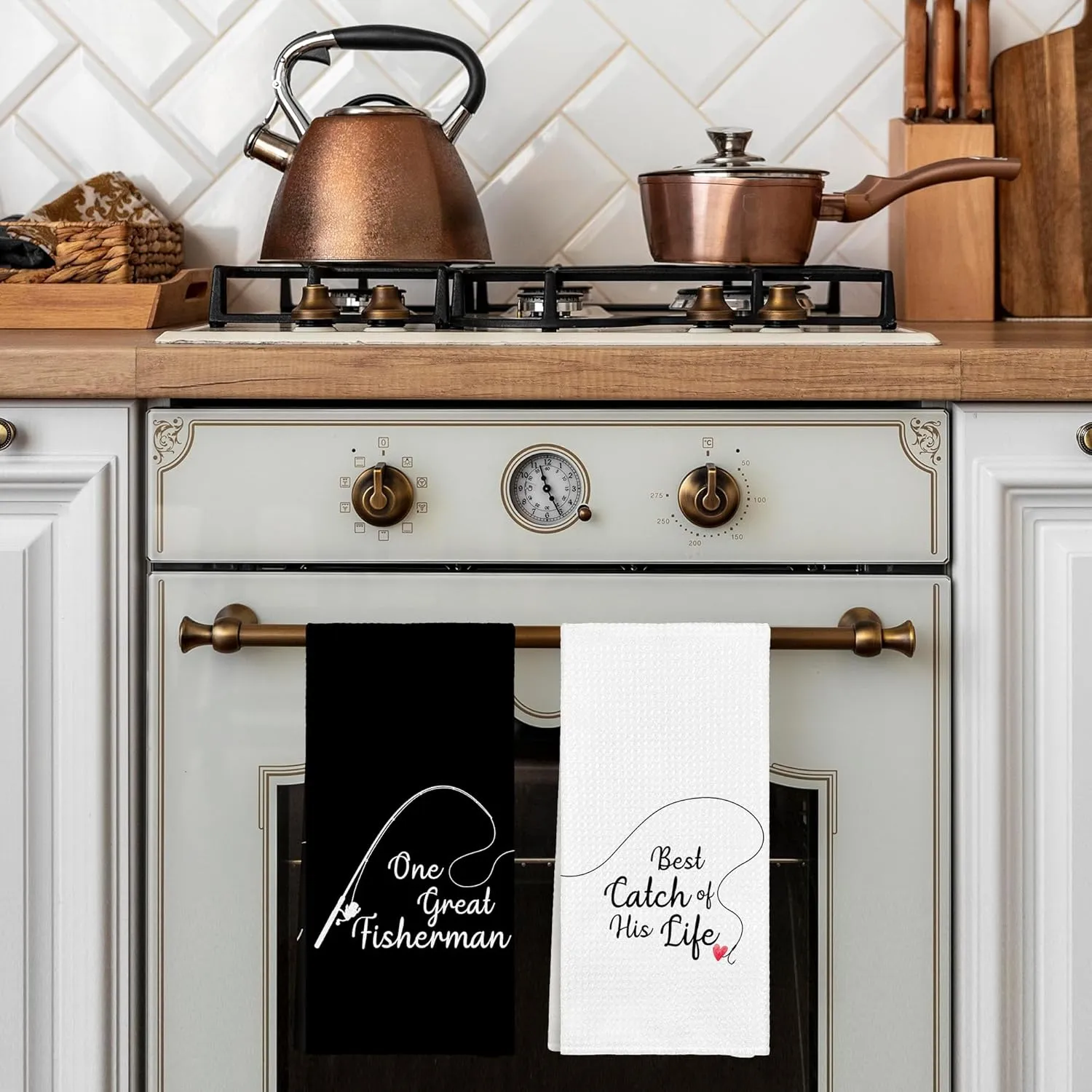 Funny Couple Fishing Valentines Kitchen Towels Set of 2, His And Hers Gifts Hand Towels for Couple Bathroom,One Great Fisherman Best Catch of His Life Decorative Dish Towels for Kitchen 16x24in