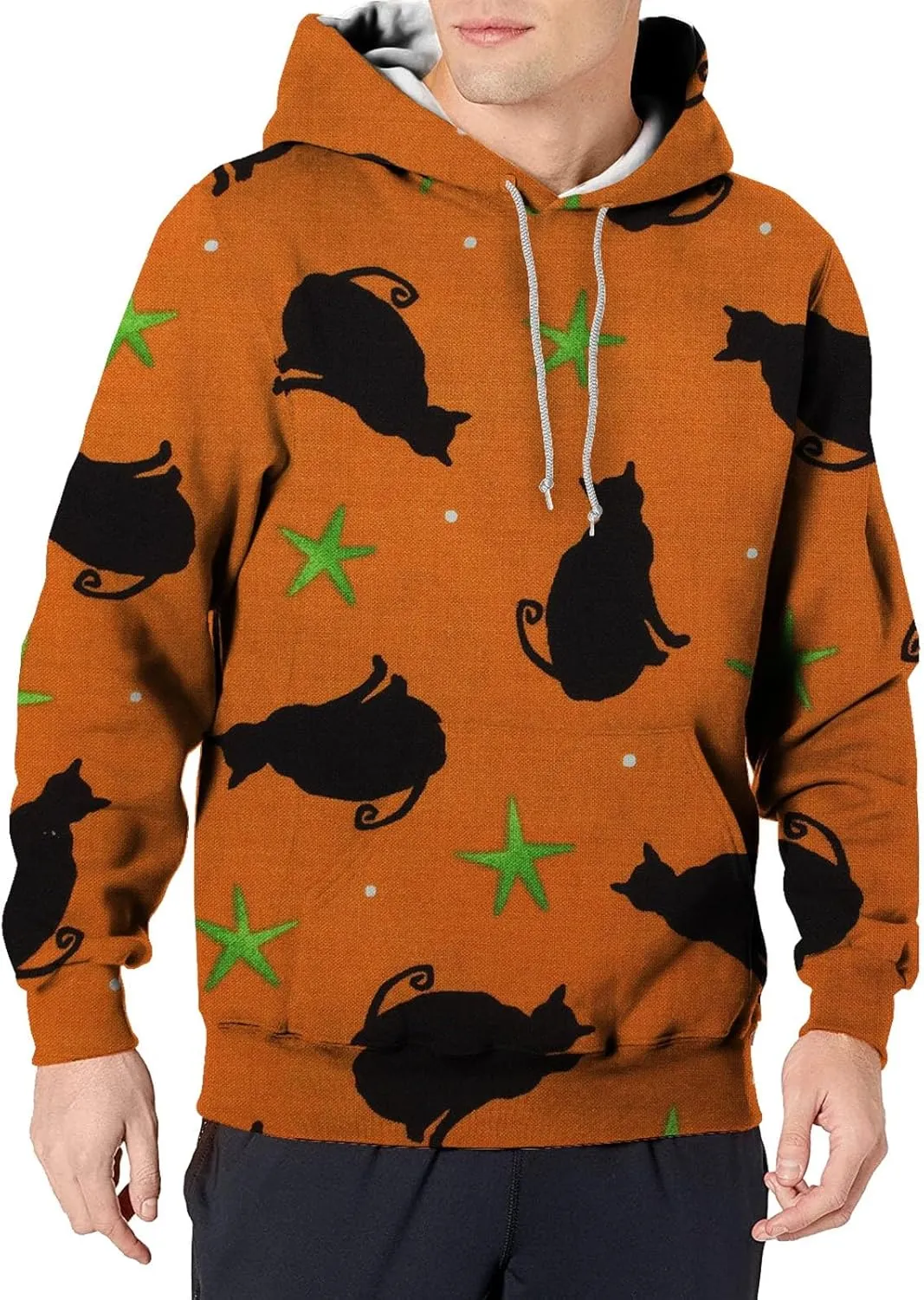 funny halloween sweatshirts for men Print Sweatshirt Long Sleeved Hooded Collar Sweatshirt Pullover Hoodies cat