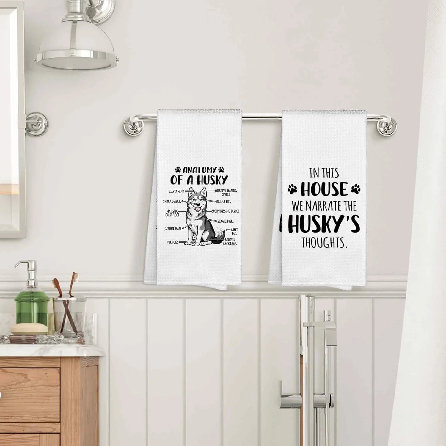 Funny Siberian Husky Dog Anatomy Kitchen Towels Decorative 16x24 Set of 2, Dish Tea Towel Dishcloth Gifts for Husky Lover, in This House We Narrate the Dogs Thoughts Bathroom Hand Towel Decor