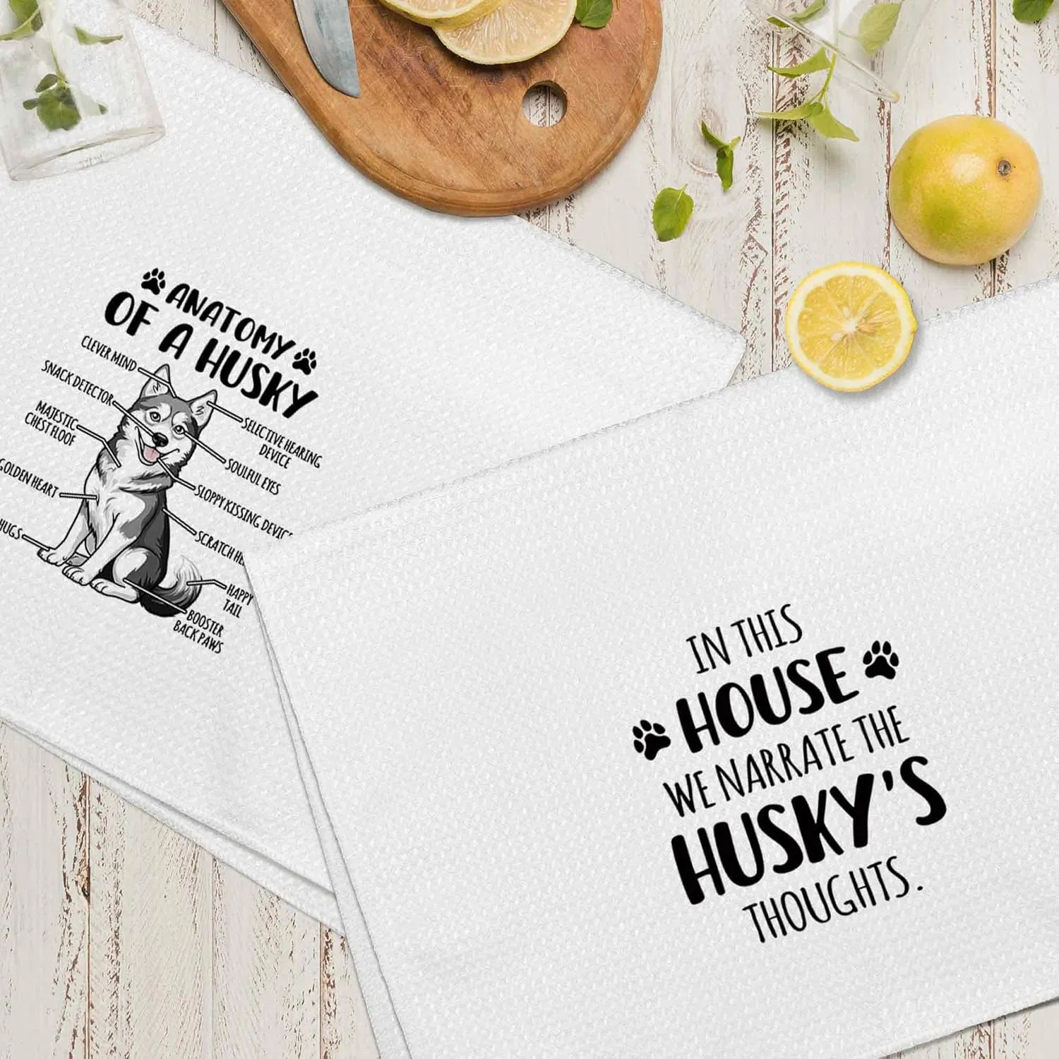 Funny Siberian Husky Dog Anatomy Kitchen Towels Decorative 16x24 Set of 2, Dish Tea Towel Dishcloth Gifts for Husky Lover, in This House We Narrate the Dogs Thoughts Bathroom Hand Towel Decor