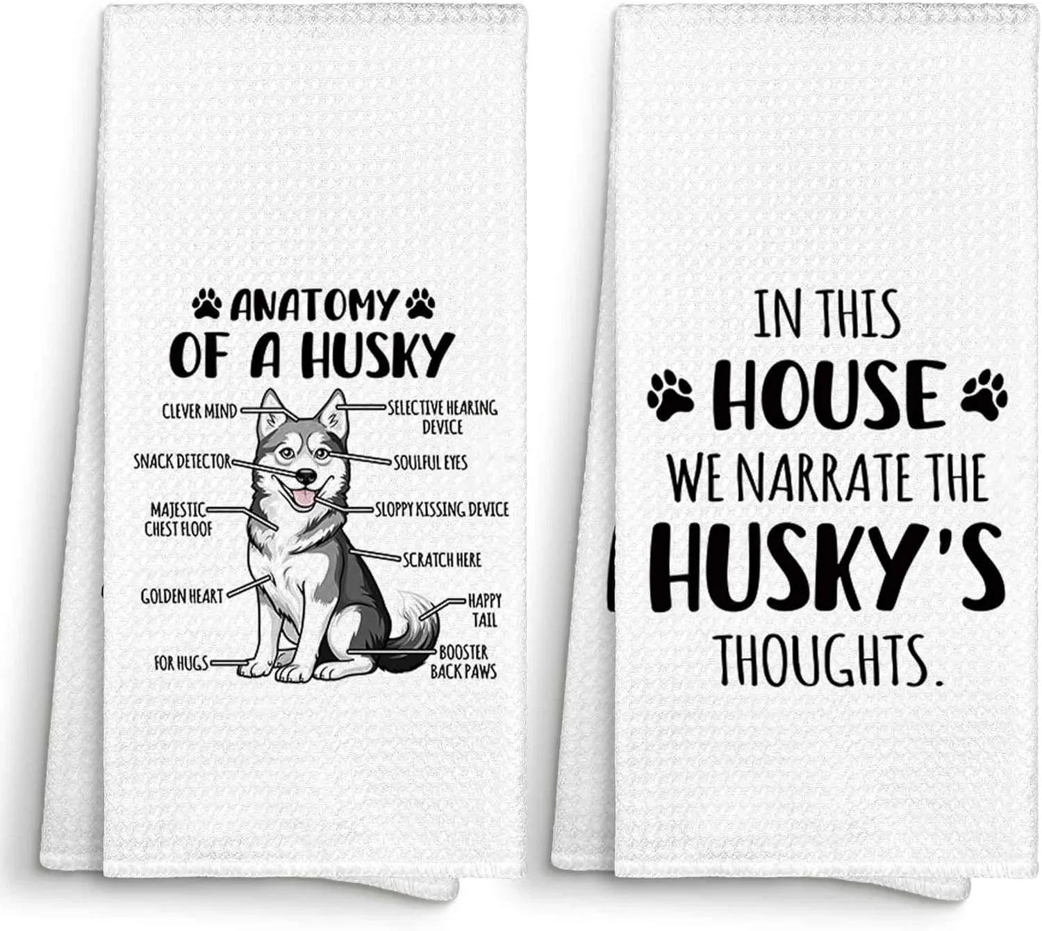 Funny Siberian Husky Dog Anatomy Kitchen Towels Decorative 16x24 Set of 2, Dish Tea Towel Dishcloth Gifts for Husky Lover, in This House We Narrate the Dogs Thoughts Bathroom Hand Towel Decor