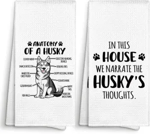 Funny Siberian Husky Dog Anatomy Kitchen Towels Decorative 16x24 Set of 2, Dish Tea Towel Dishcloth Gifts for Husky Lover, in This House We Narrate the Dogs Thoughts Bathroom Hand Towel Decor