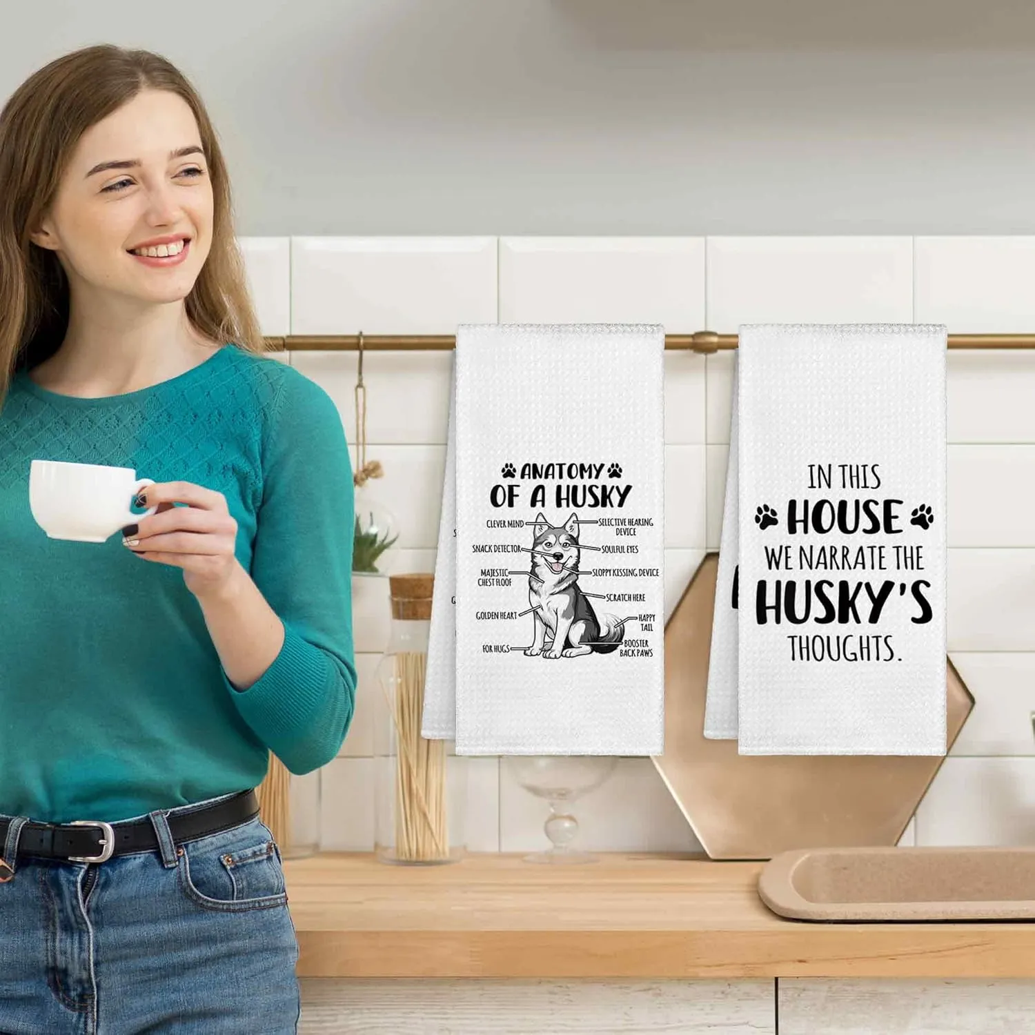 Funny Siberian Husky Dog Anatomy Kitchen Towels Decorative 16x24 Set of 2, Dish Tea Towel Dishcloth Gifts for Husky Lover, in This House We Narrate the Dogs Thoughts Bathroom Hand Towel Decor