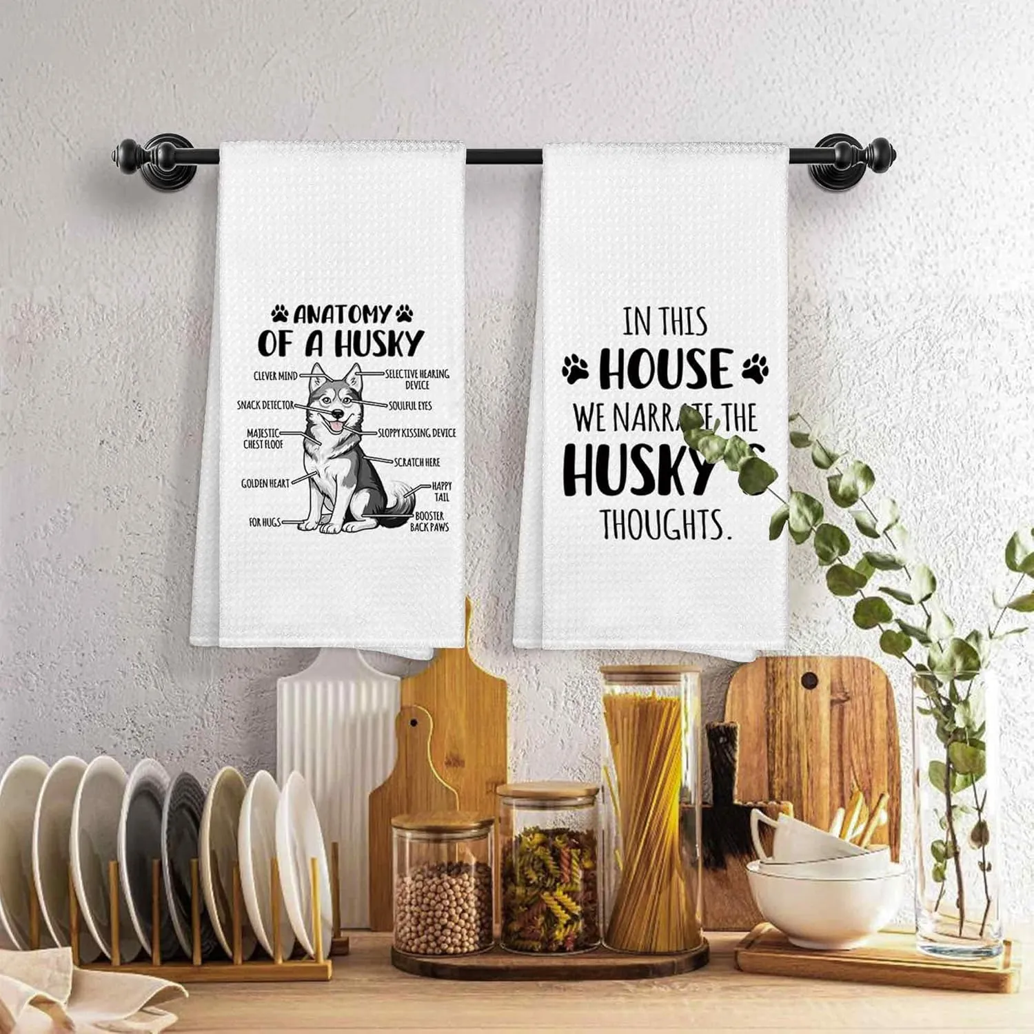 Funny Siberian Husky Dog Anatomy Kitchen Towels Decorative 16x24 Set of 2, Dish Tea Towel Dishcloth Gifts for Husky Lover, in This House We Narrate the Dogs Thoughts Bathroom Hand Towel Decor