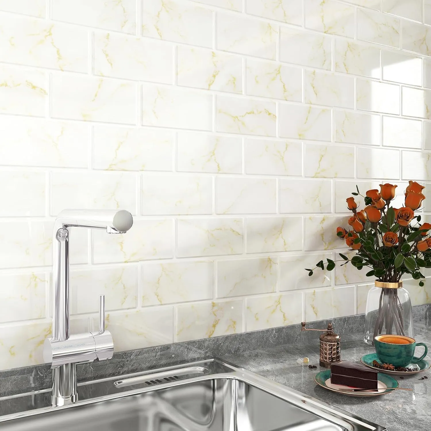 FunStick 30 Pcs Peel and Stick Subway Tile Backsplash White and Gold Marble Sticky Wall Tile Stickers for Kitchen Backsplash Tiles Peel and Stick Back Splash for Bathroom RV Renter Friendly 3D 12"x12"