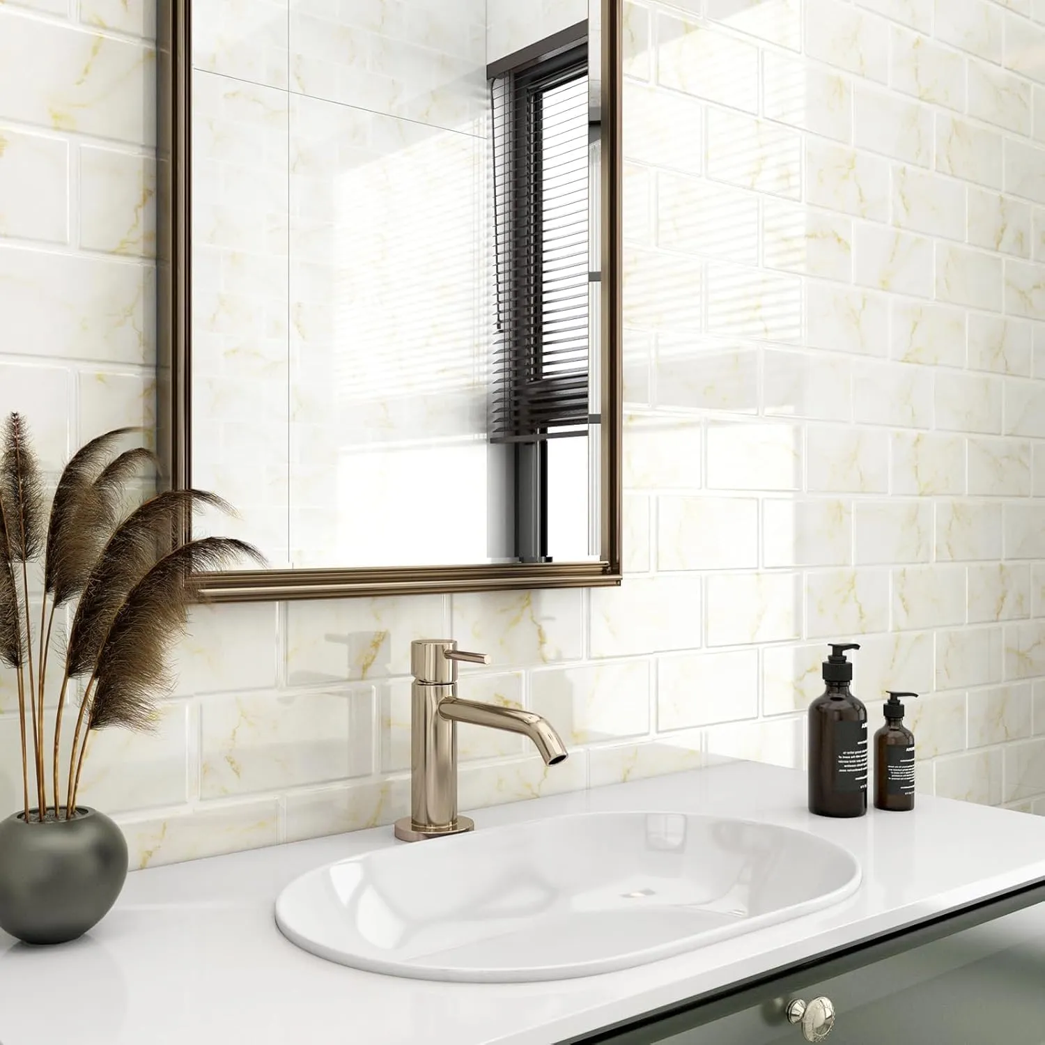 FunStick 30 Pcs Peel and Stick Subway Tile Backsplash White and Gold Marble Sticky Wall Tile Stickers for Kitchen Backsplash Tiles Peel and Stick Back Splash for Bathroom RV Renter Friendly 3D 12"x12"