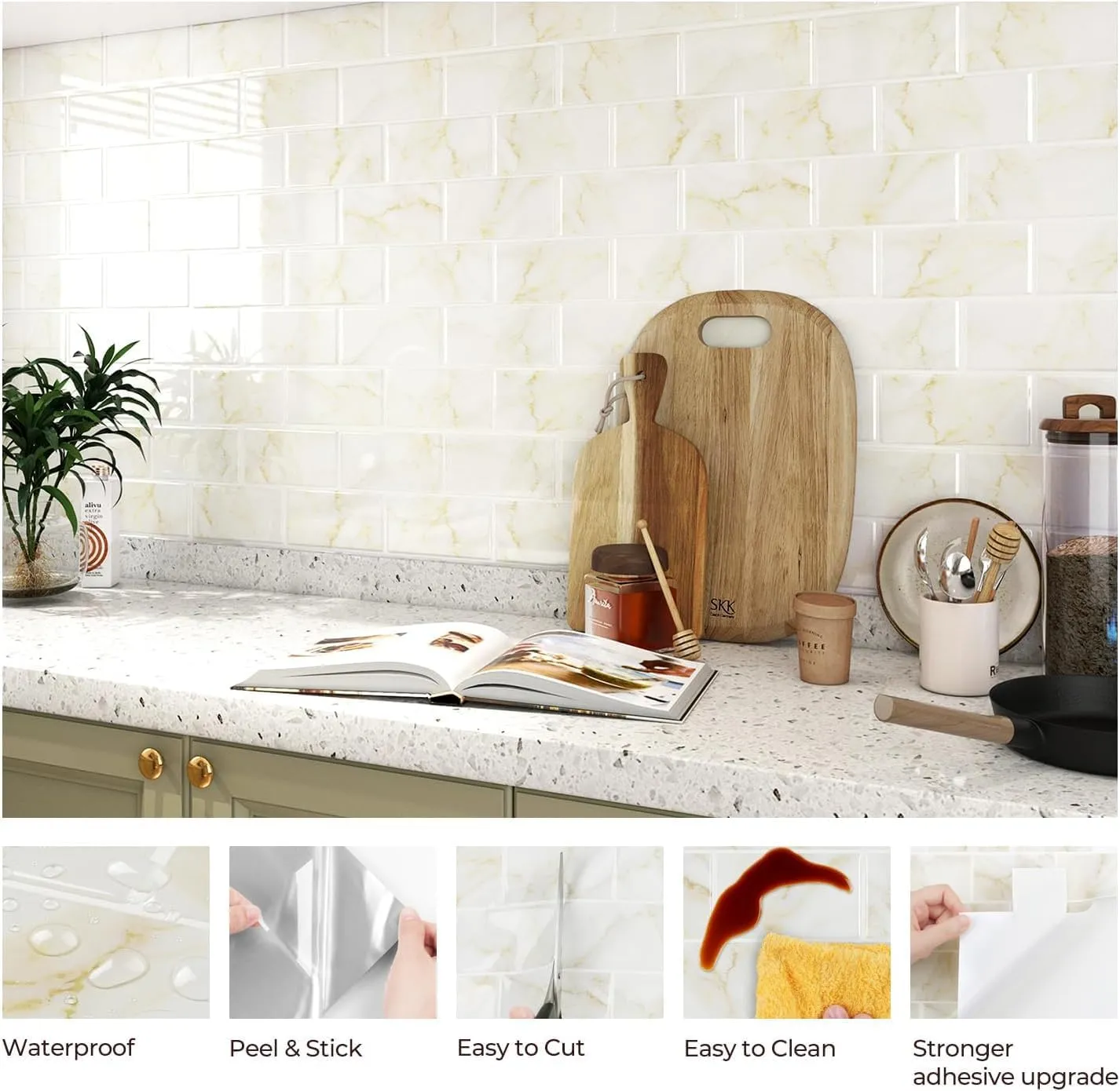 FunStick 30 Pcs Peel and Stick Subway Tile Backsplash White and Gold Marble Sticky Wall Tile Stickers for Kitchen Backsplash Tiles Peel and Stick Back Splash for Bathroom RV Renter Friendly 3D 12"x12"