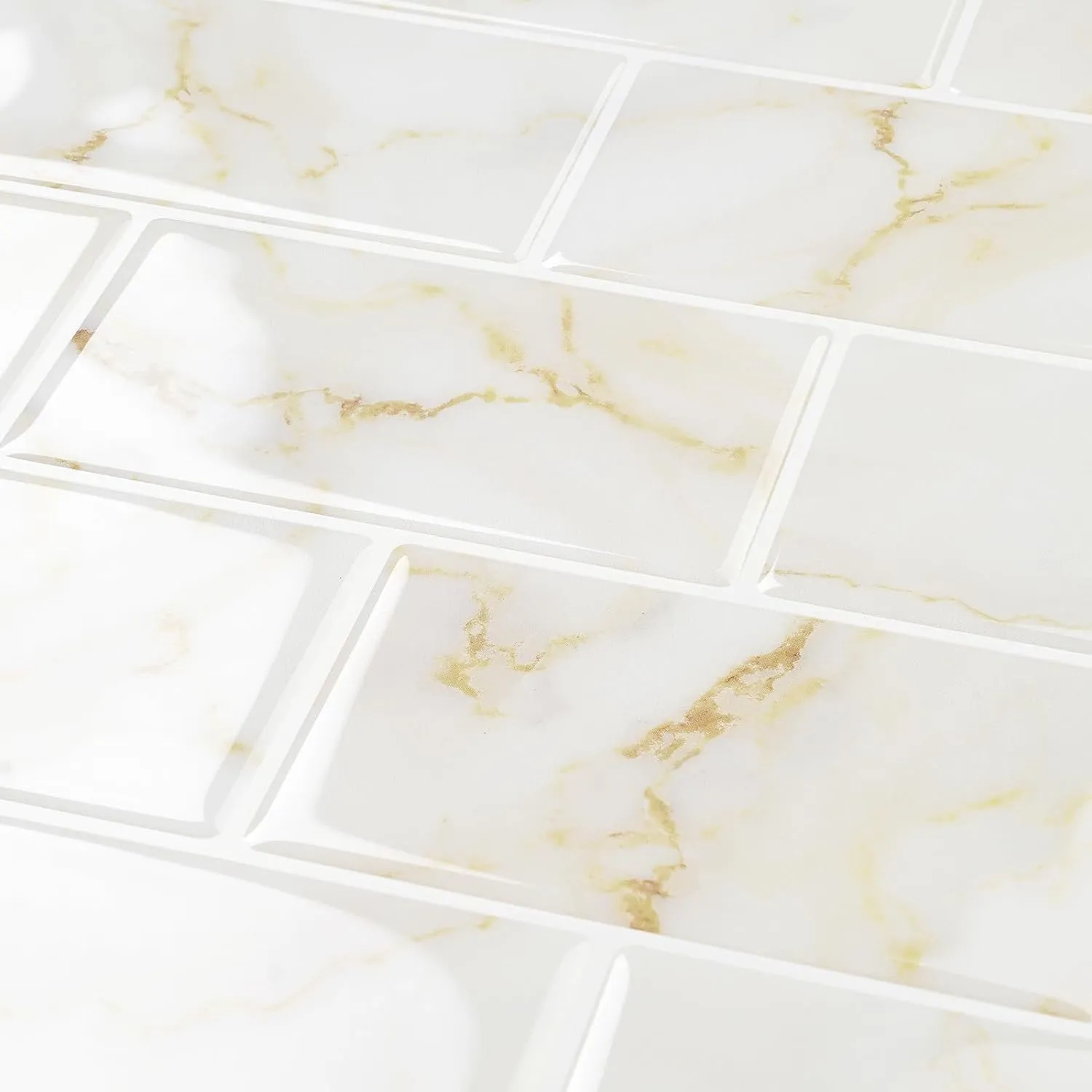 FunStick 30 Pcs Peel and Stick Subway Tile Backsplash White and Gold Marble Sticky Wall Tile Stickers for Kitchen Backsplash Tiles Peel and Stick Back Splash for Bathroom RV Renter Friendly 3D 12"x12"