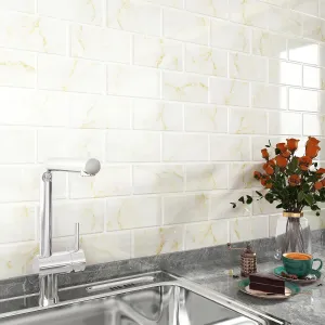 FunStick 30 Pcs Peel and Stick Subway Tile Backsplash White and Gold Marble Sticky Wall Tile Stickers for Kitchen Backsplash Tiles Peel and Stick Back Splash for Bathroom RV Renter Friendly 3D 12"x12"