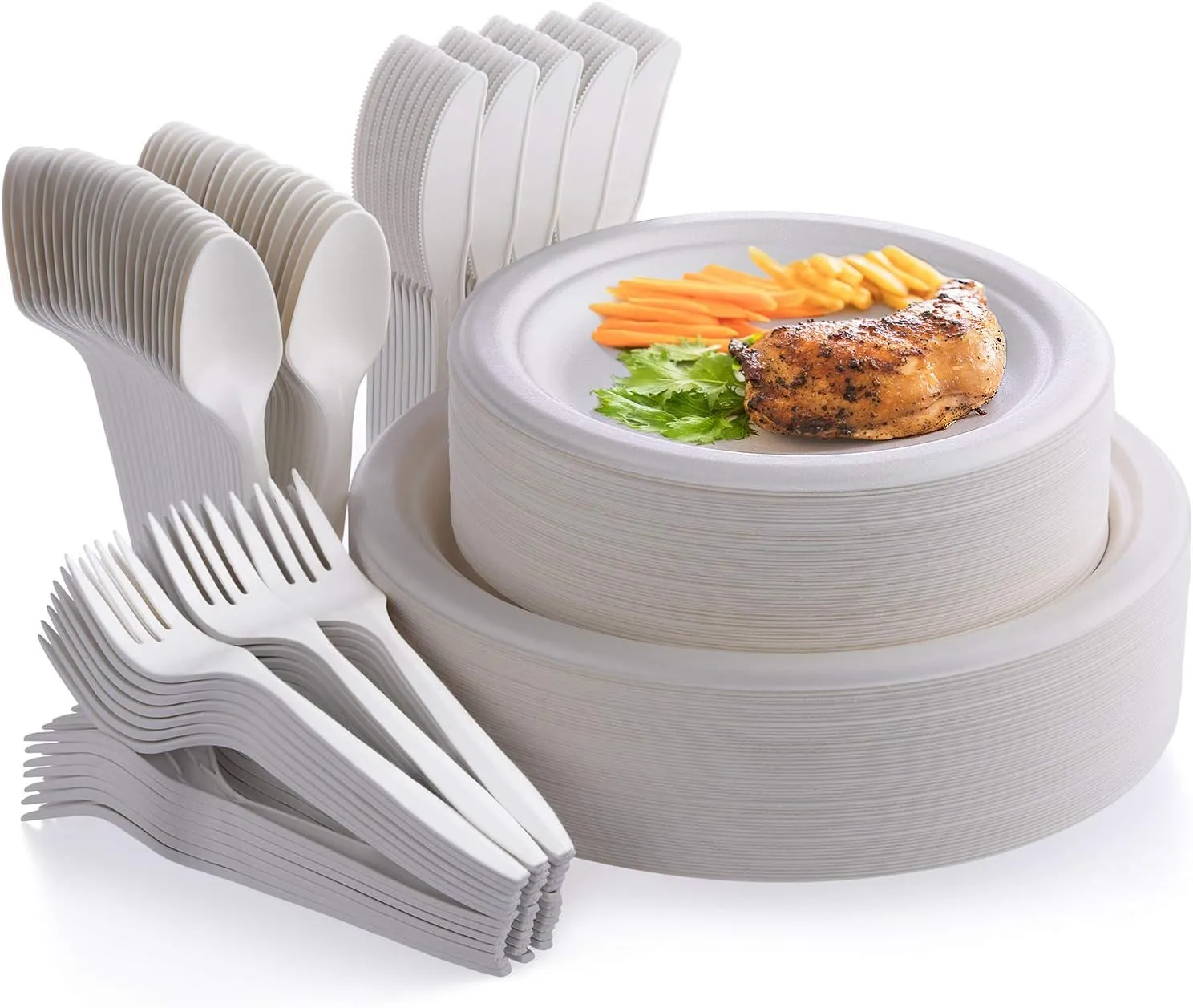 Fuyit 250Pcs Compostable Paper Plates with Cutlery Set, Disposable Biodegradable LONG Utensil Eco-Friendly Dinnerware Includes Plates, Fork, Knife & Spoon for Party, Camping, Picnic (White)