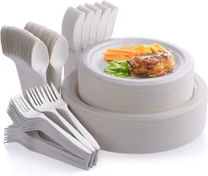 Fuyit 250Pcs Compostable Paper Plates with Cutlery Set, Disposable Biodegradable LONG Utensil Eco-Friendly Dinnerware Includes Plates, Fork, Knife & Spoon for Party, Camping, Picnic (White)