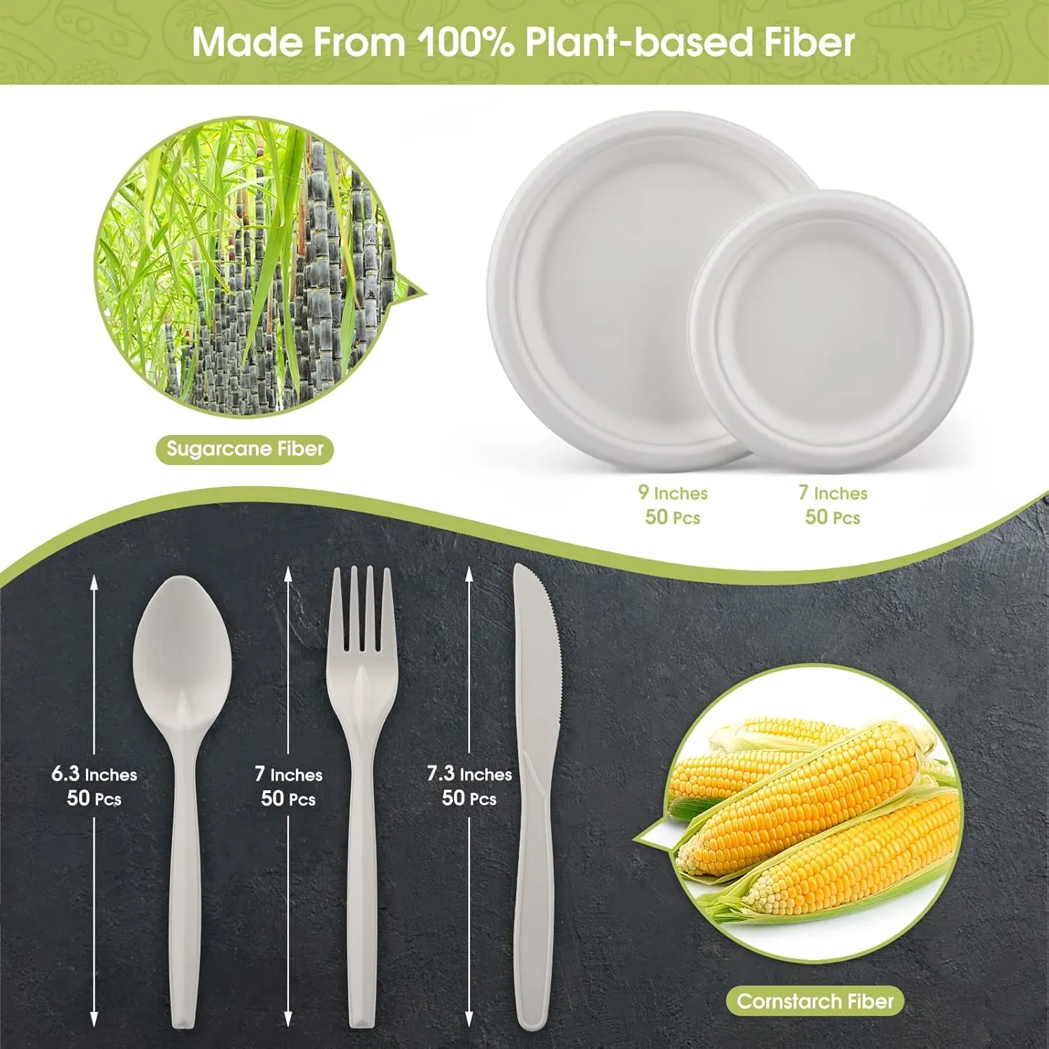 Fuyit 250Pcs Compostable Paper Plates with Cutlery Set, Disposable Biodegradable LONG Utensil Eco-Friendly Dinnerware Includes Plates, Fork, Knife & Spoon for Party, Camping, Picnic (White)