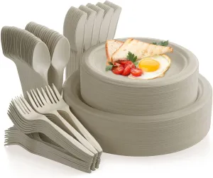 Fuyit 250Pcs Disposable Paper Plates Set with Cutlery, Compostable Biodegradable Eco-Friendly Dinnerware & Utensil Include Plate, Larger Fork, Knife & Spoon for Party, Camping, Picnic, BBQ (Natural)