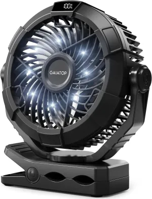 Gaiatop Portable Camping Fan with LED Lantern, 360°Rotation and Clip on for Desk, 4000mAh USB Rechargeable Battery Powered, Digital Display and Hanging Hook for Tent Outdoor Travel Bedroom Black