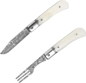 Genuine Damascus Portable Knife and Fork Steak Set for Picnic Outdoor Fine Dining Damascus Blade Rare buffalo Bone Handle Handmade