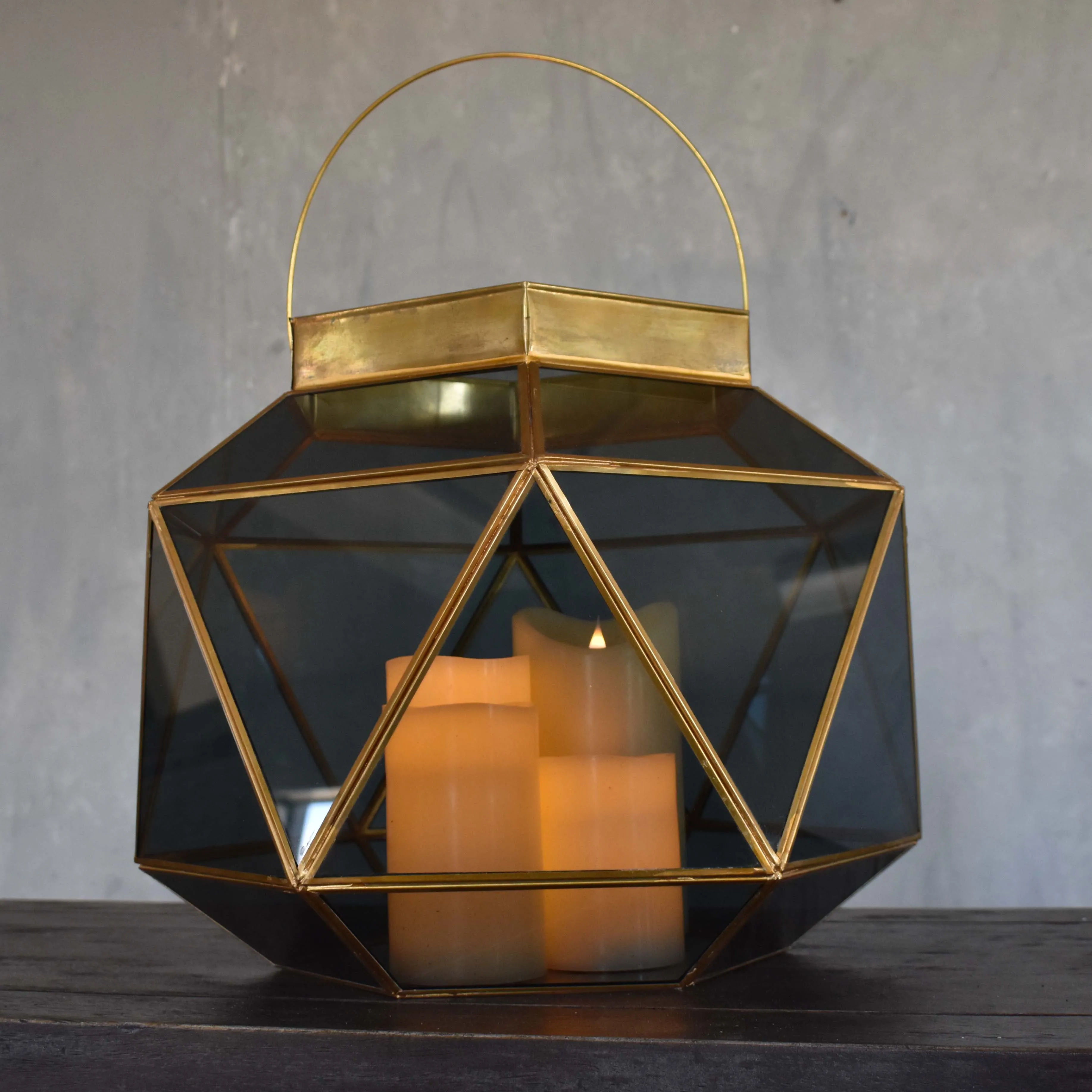 Geo Brass Lantern with Smoky Glass Metal Trim in Smoke/Gold | DCH