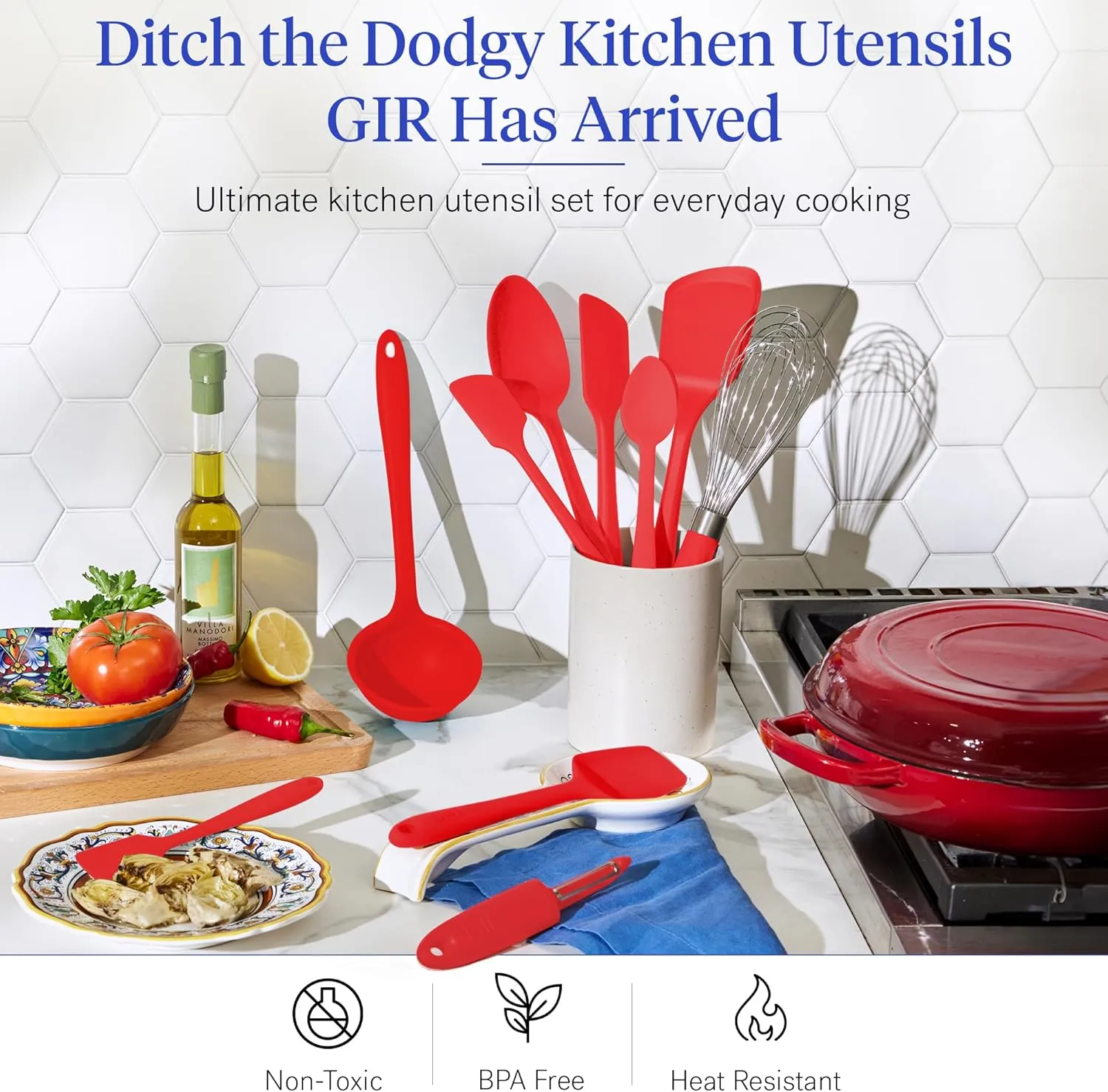 GIR: Get It Right Silicone Cooking Utensils Set 10 Piece - Ladle, Spatulas, Flip, Spoons, Whisk, Potato Peeler & Spoonula - Heat Resistant & Dishwasher Safe - Red Kitchen Utensil Set