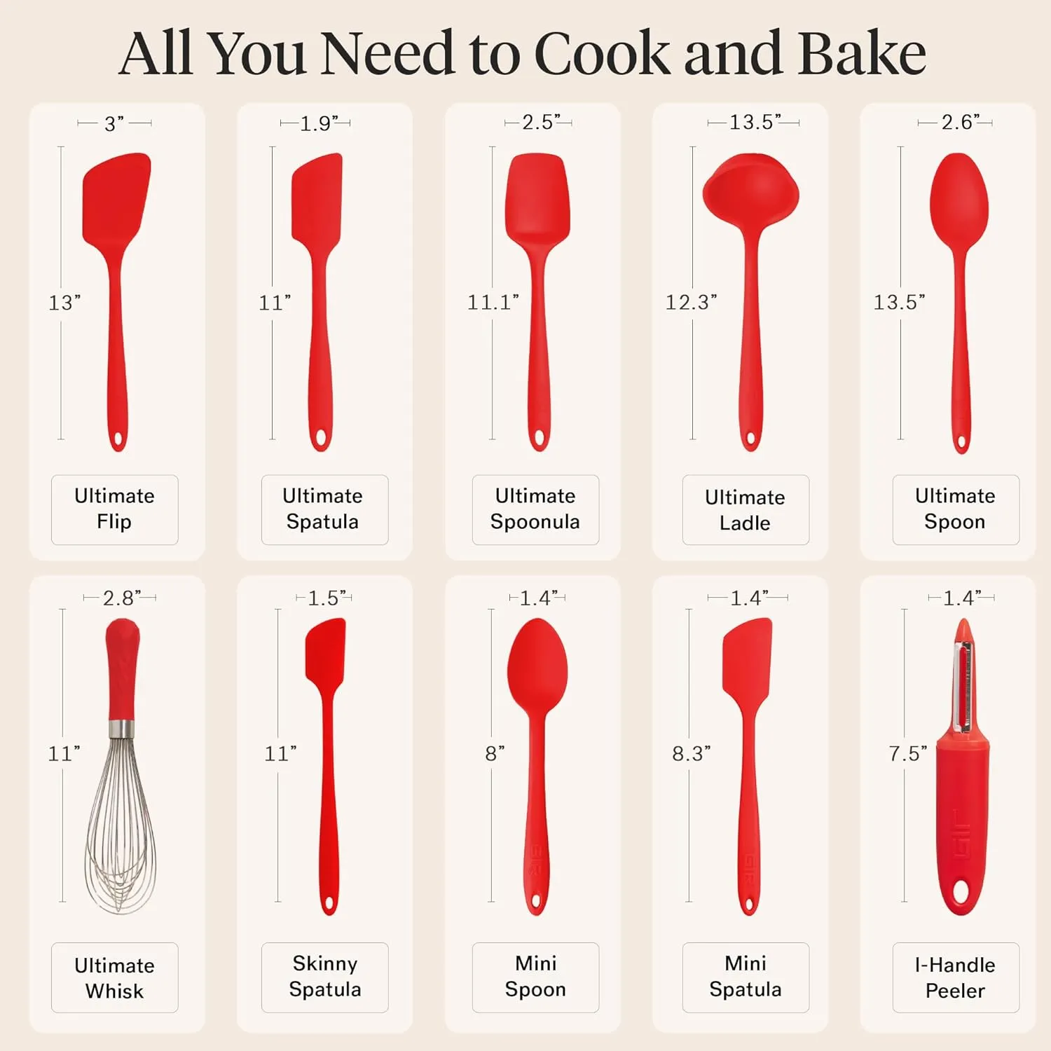 GIR: Get It Right Silicone Cooking Utensils Set 10 Piece - Ladle, Spatulas, Flip, Spoons, Whisk, Potato Peeler & Spoonula - Heat Resistant & Dishwasher Safe - Red Kitchen Utensil Set