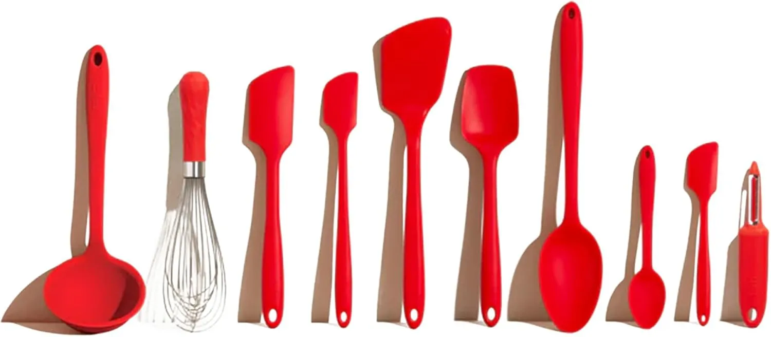 GIR: Get It Right Silicone Cooking Utensils Set 10 Piece - Ladle, Spatulas, Flip, Spoons, Whisk, Potato Peeler & Spoonula - Heat Resistant & Dishwasher Safe - Red Kitchen Utensil Set