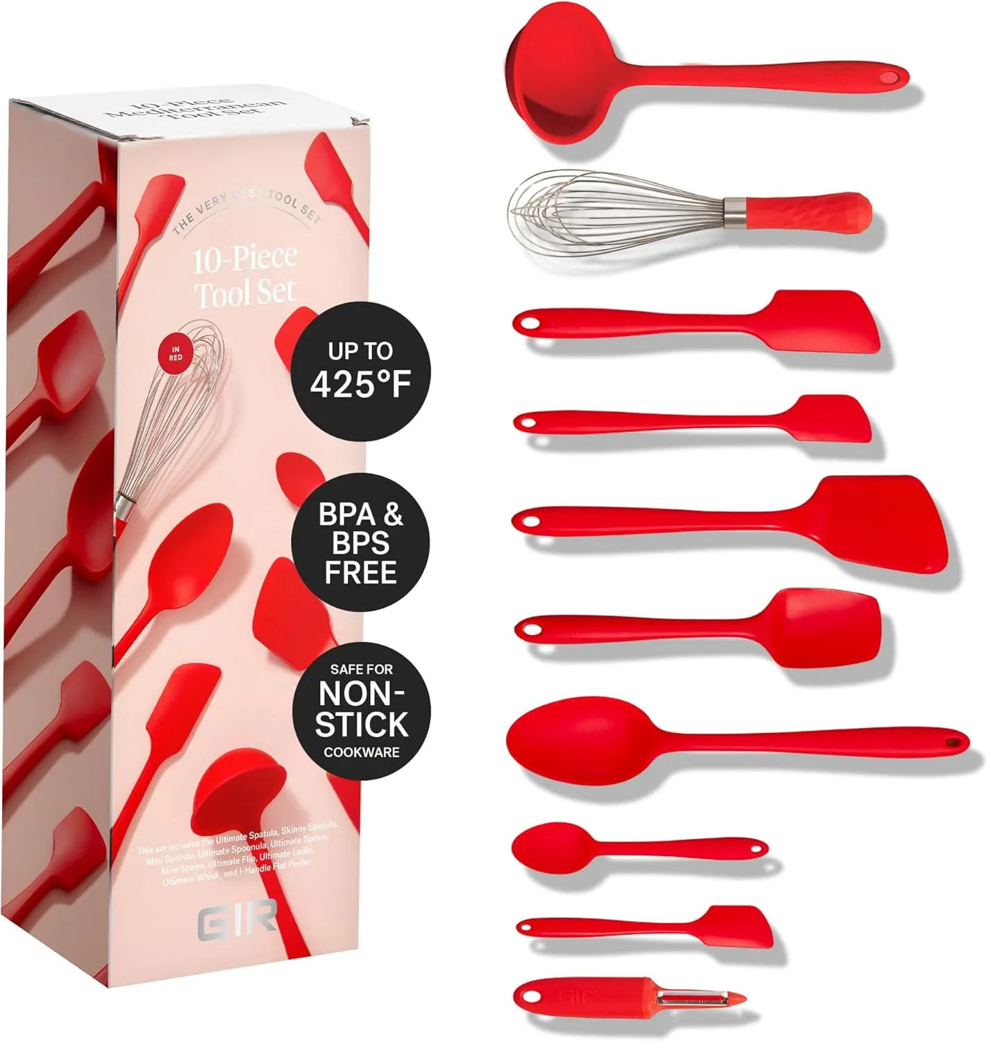 GIR: Get It Right Silicone Cooking Utensils Set 10 Piece - Ladle, Spatulas, Flip, Spoons, Whisk, Potato Peeler & Spoonula - Heat Resistant & Dishwasher Safe - Red Kitchen Utensil Set