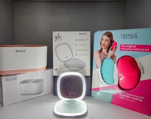 Glo Tech 10X Magnifying Mirror, White, Compact Size, Detangling Hairbrush Set, Pink and Teal, Bathroom Hair Dryer Holder