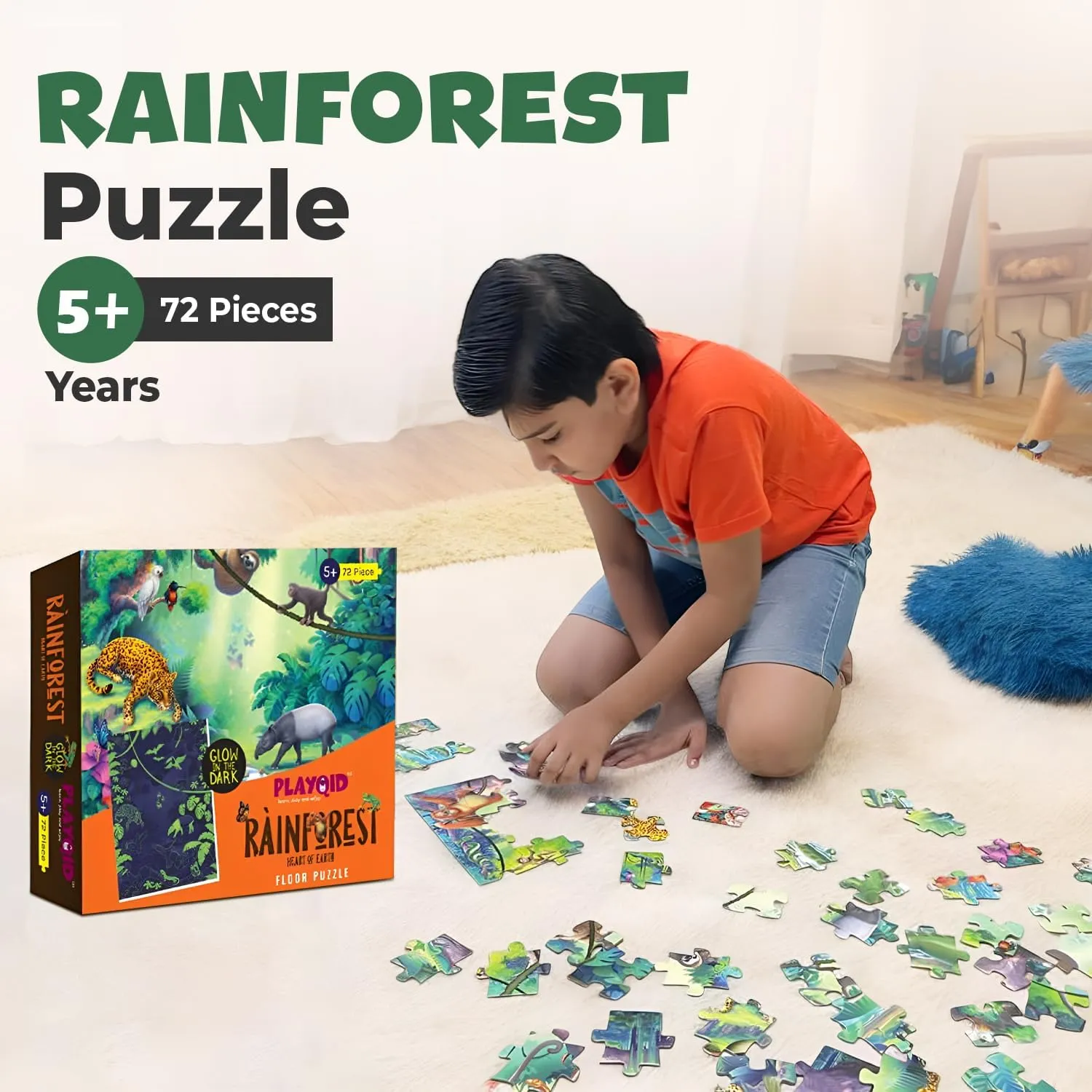 Glow in The Dark Tropical Rainforest Wild Animals Jigsaw Puzzle for Boys & Girls| 72 Piece Floor Puzzle for Age 5 Years | Educational Toy & Fun Themed Birthday Party Favors for Kids