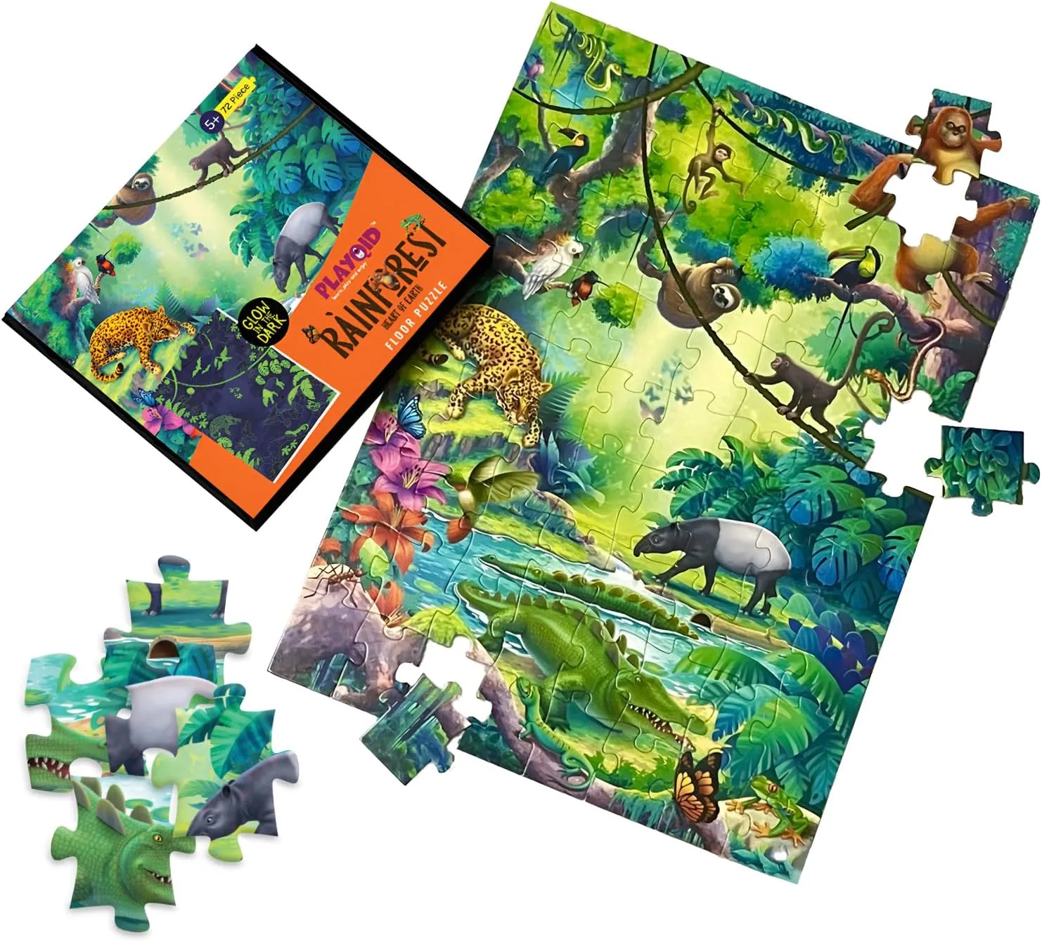 Glow in The Dark Tropical Rainforest Wild Animals Jigsaw Puzzle for Boys & Girls| 72 Piece Floor Puzzle for Age 5 Years | Educational Toy & Fun Themed Birthday Party Favors for Kids