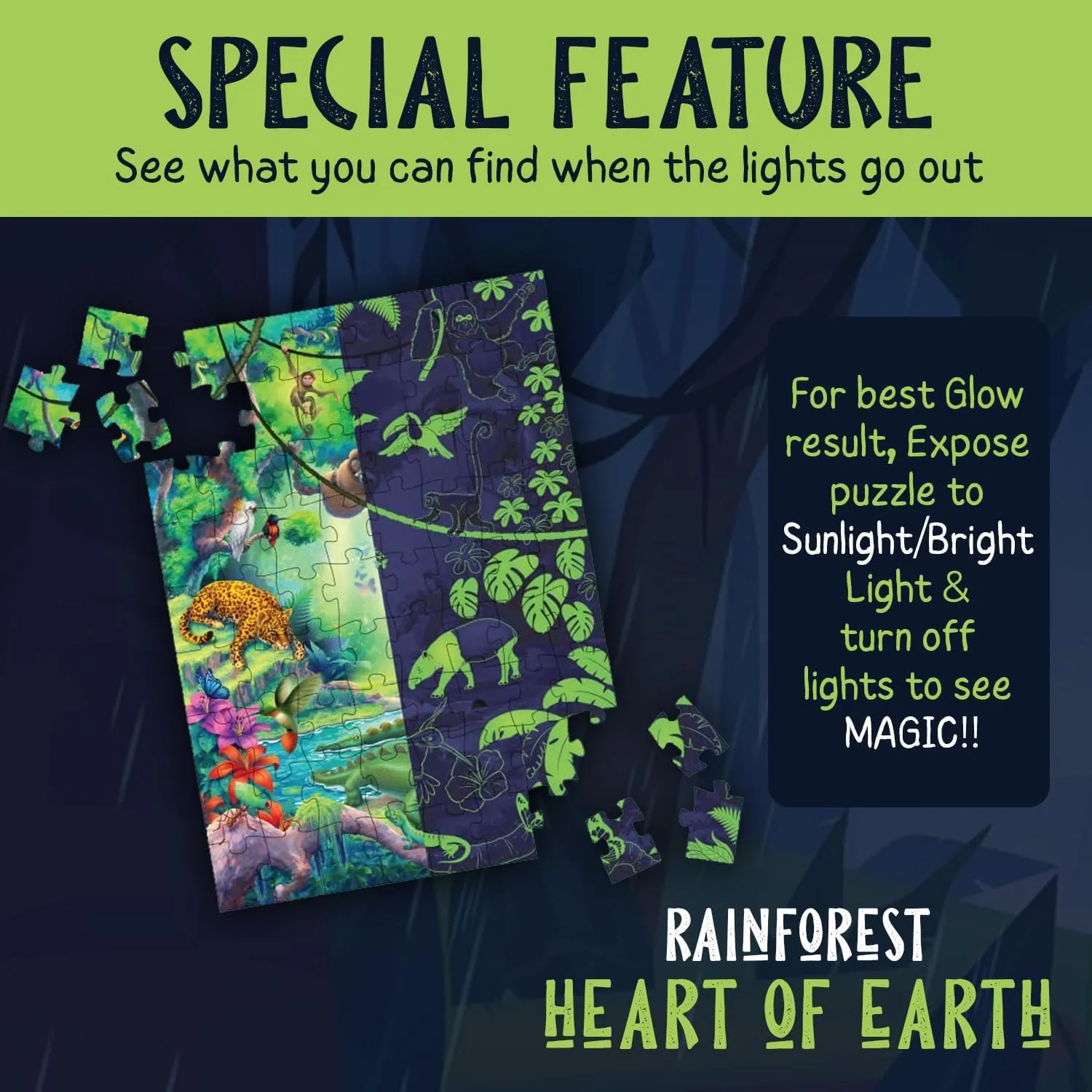 Glow in The Dark Tropical Rainforest Wild Animals Jigsaw Puzzle for Boys & Girls| 72 Piece Floor Puzzle for Age 5 Years | Educational Toy & Fun Themed Birthday Party Favors for Kids