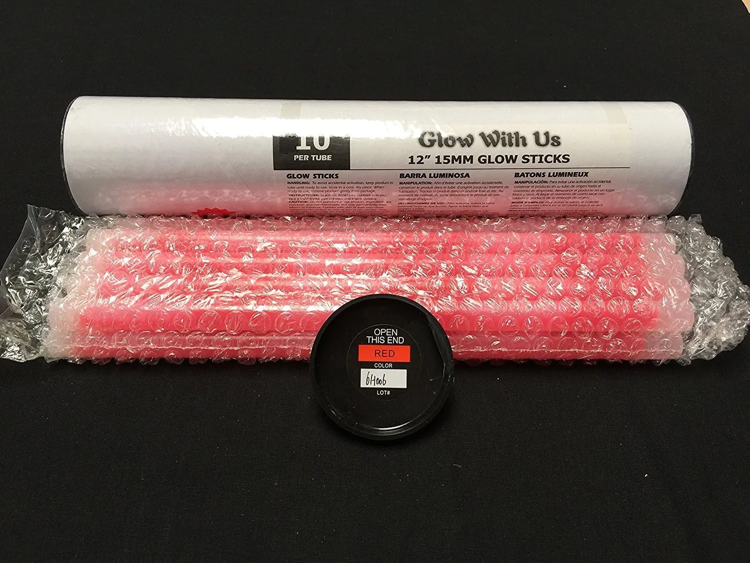 Glow Sticks Bulk Wholesale, 10 12” 15mm Dia. Red Industrial Grade Jumbo Light Sticks, Bright Color, Glow 14 Hrs, Safety Glow Stick 3yrs Shelf Life, Ideal for Camping & Emergency, GlowWithUs Brand