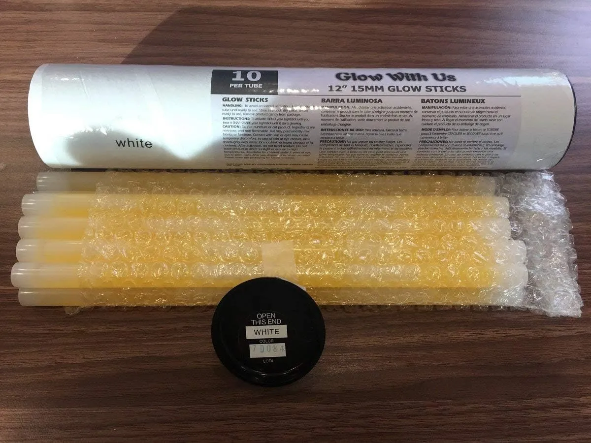 Glow Sticks Bulk Wholesale, 10 12” 15mm Dia. White Industrial Grade Jumbo Light Sticks, Bright Color, Glow 14 Hrs, Safety Glow Stick 3yrs Shelf Life, Ideal for Camping & Emergency, GlowWithUs Brand